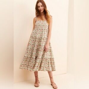 Meadows Organic Cotton Floral Tiered Midi Dress Tie Shoulder Cream Red US 0